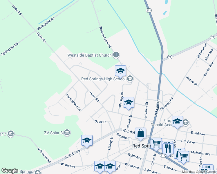 map of restaurants, bars, coffee shops, grocery stores, and more near 210 South Edinborough Street in Red Springs