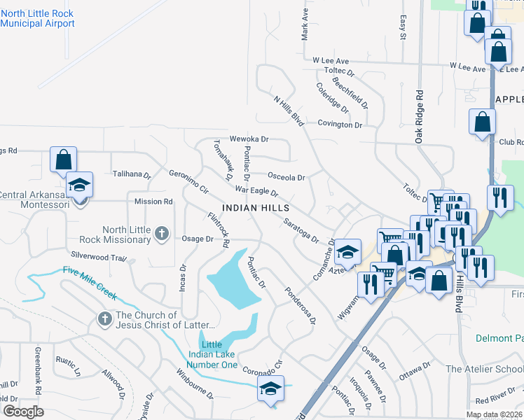 map of restaurants, bars, coffee shops, grocery stores, and more near 1604 Saratoga Drive in North Little Rock