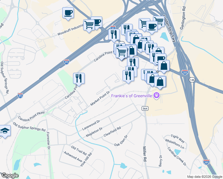 map of restaurants, bars, coffee shops, grocery stores, and more near Market Point Drive in Greenville