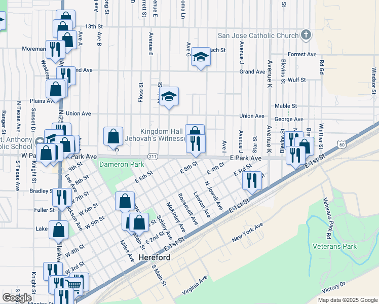 map of restaurants, bars, coffee shops, grocery stores, and more near 100-198 Ave G in Hereford