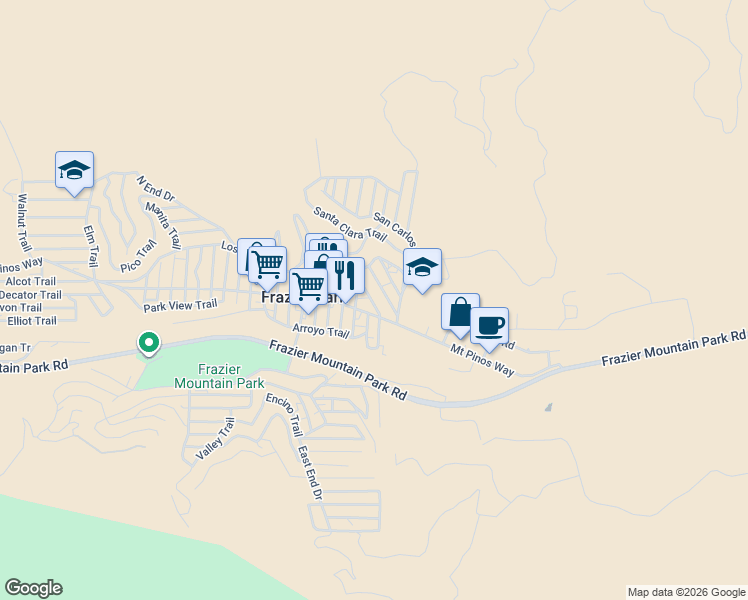 map of restaurants, bars, coffee shops, grocery stores, and more near 3417 Los Padres Drive in Frazier Park