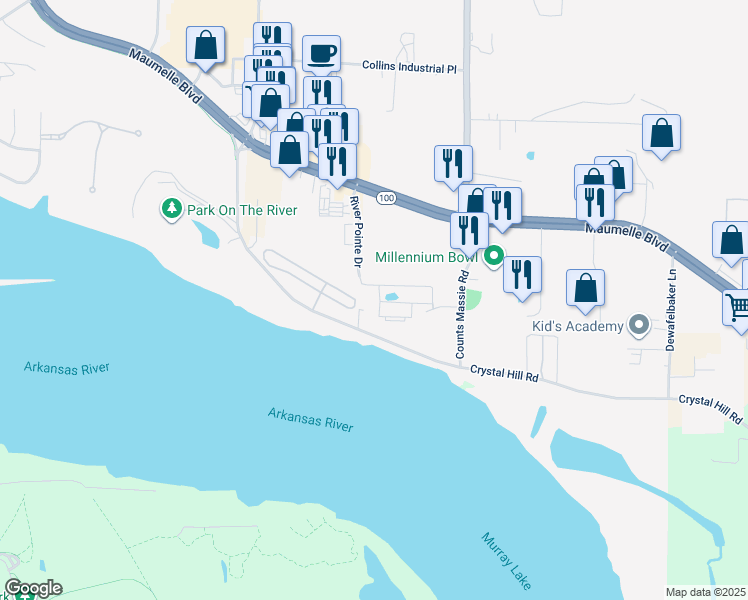 map of restaurants, bars, coffee shops, grocery stores, and more near 8000 River Pointe Drive in North Little Rock