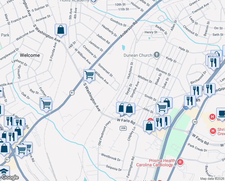 map of restaurants, bars, coffee shops, grocery stores, and more near 211 East Wilburn Avenue in Greenville