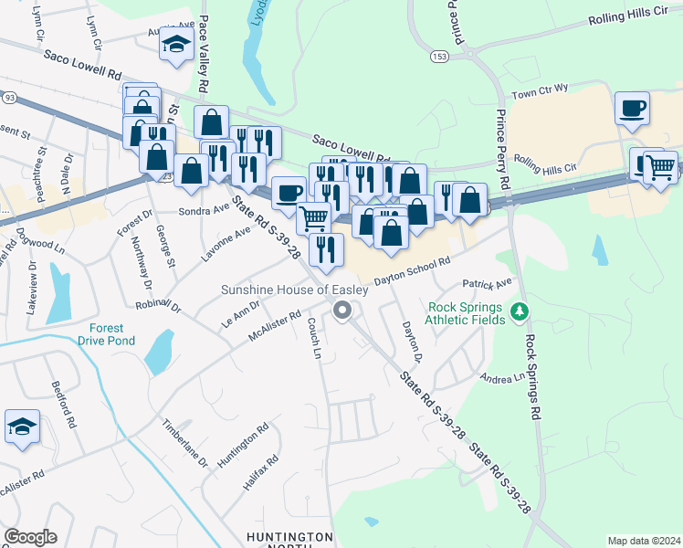 map of restaurants, bars, coffee shops, grocery stores, and more near 109 Dayton School Road in Easley