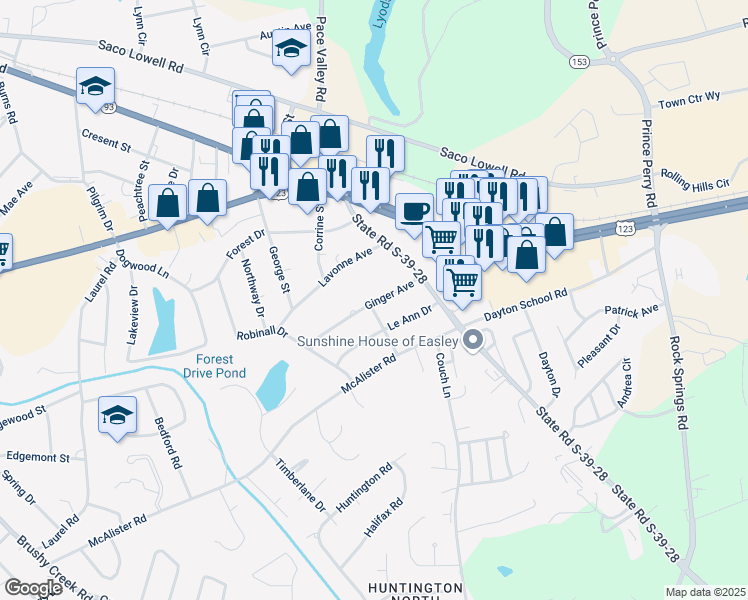 map of restaurants, bars, coffee shops, grocery stores, and more near 201 Ginger Avenue in Easley
