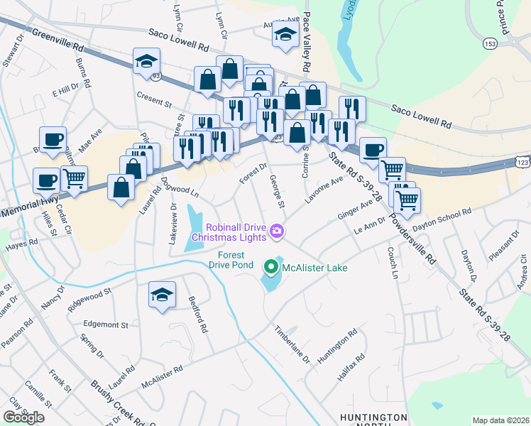 map of restaurants, bars, coffee shops, grocery stores, and more near 113 Northway Drive in Easley