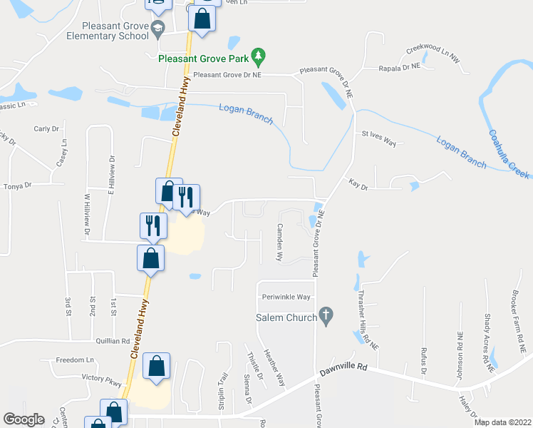 map of restaurants, bars, coffee shops, grocery stores, and more near 226 Cherry Bark Way in Dalton