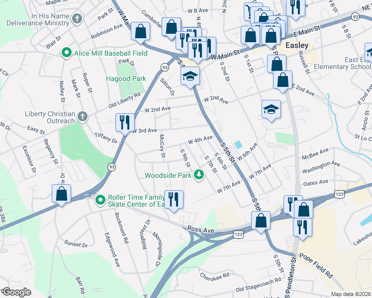 map of restaurants, bars, coffee shops, grocery stores, and more near 102 South 8th Street in Easley