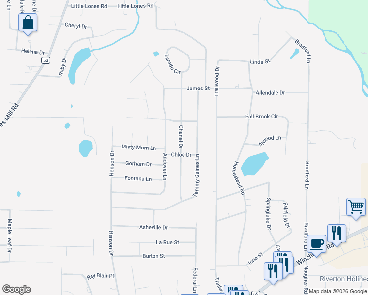 map of restaurants, bars, coffee shops, grocery stores, and more near 167 Chanel Drive in Huntsville
