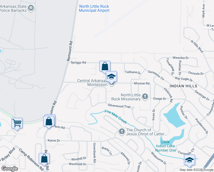 map of restaurants, bars, coffee shops, grocery stores, and more near 601 Silverwood Trail in North Little Rock