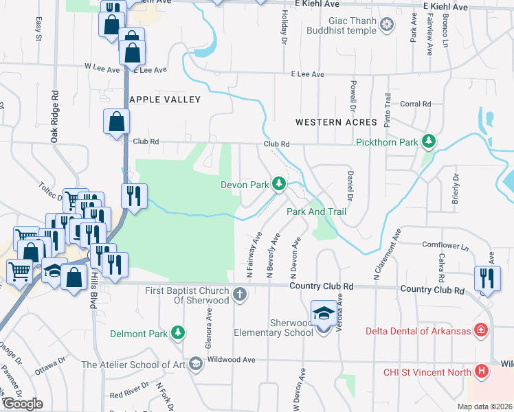 map of restaurants, bars, coffee shops, grocery stores, and more near 28 Greenview Cir in Sherwood