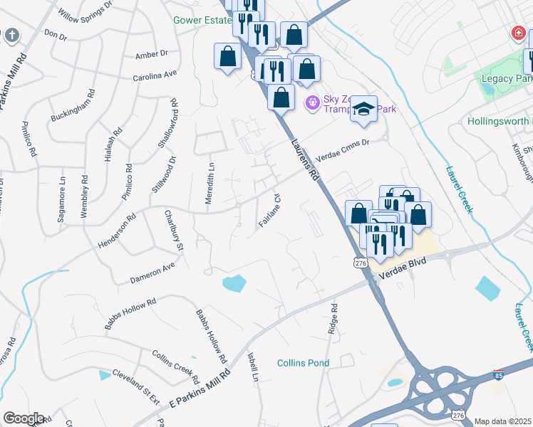 map of restaurants, bars, coffee shops, grocery stores, and more near 12 Fairlane Circle in Greenville