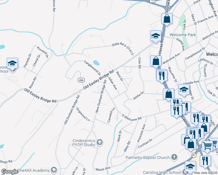 map of restaurants, bars, coffee shops, grocery stores, and more near 1010 South Welcome Road in Greenville