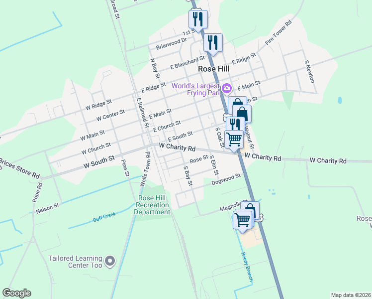 map of restaurants, bars, coffee shops, grocery stores, and more near 207 West Charity Road in Rose Hill