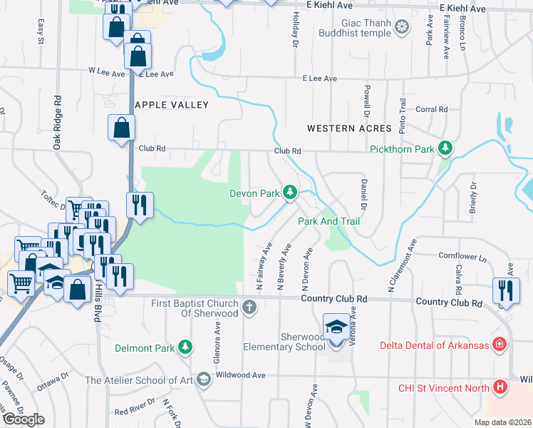 map of restaurants, bars, coffee shops, grocery stores, and more near 28 Greenview Circle in Sherwood