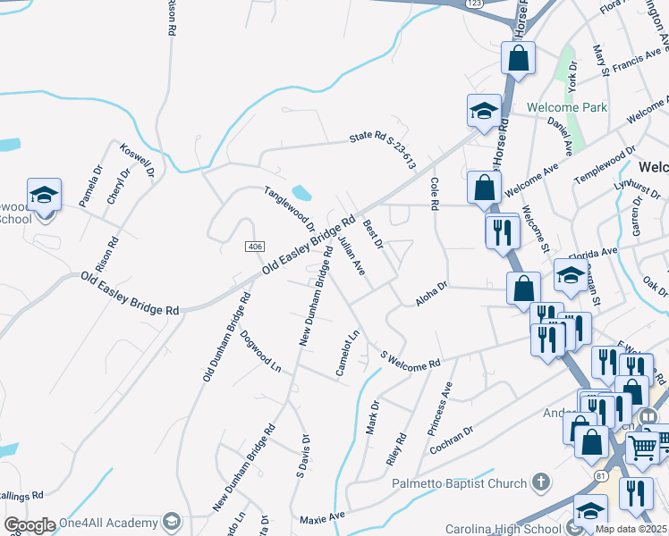 map of restaurants, bars, coffee shops, grocery stores, and more near 1010 South Welcome Road in Greenville