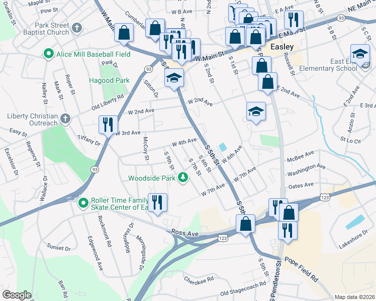 map of restaurants, bars, coffee shops, grocery stores, and more near 105 S 7th St in Easley