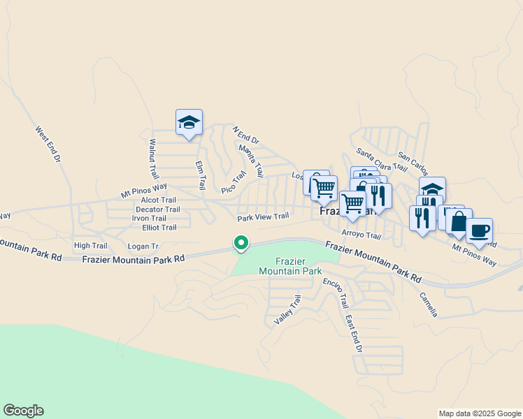 map of restaurants, bars, coffee shops, grocery stores, and more near 3904 Mount Pinos Way in Frazier Park