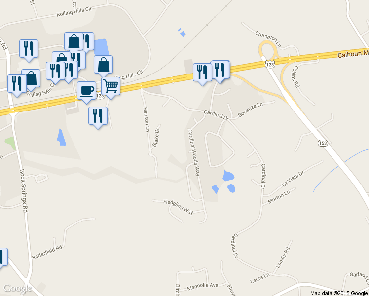 map of restaurants, bars, coffee shops, grocery stores, and more near 104 Red Wing Court in Easley