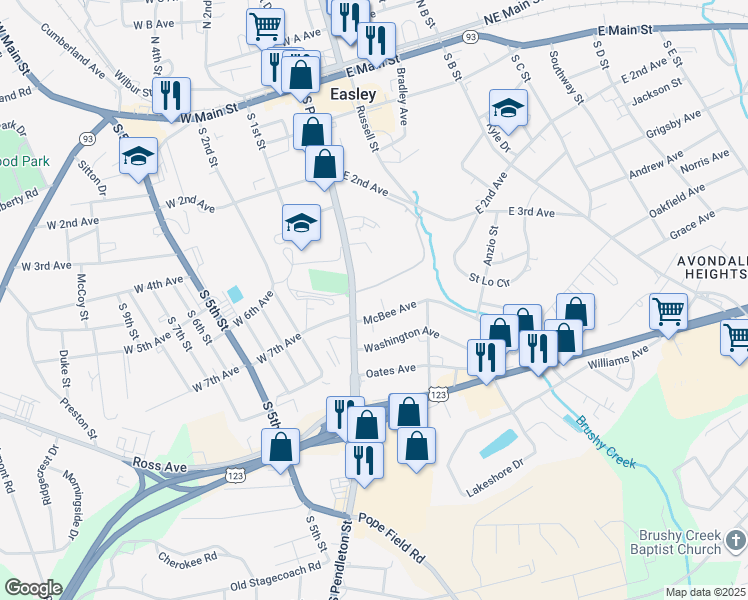 map of restaurants, bars, coffee shops, grocery stores, and more near 107 Feldman Drive in Easley