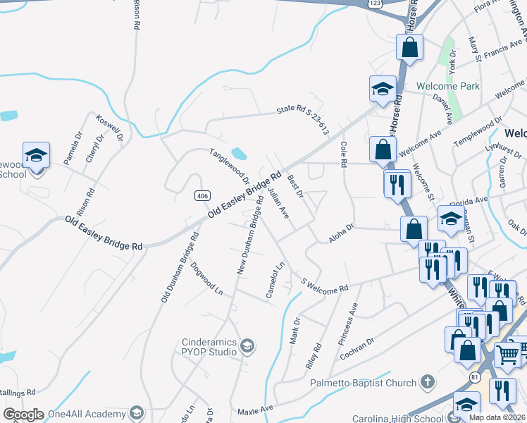 map of restaurants, bars, coffee shops, grocery stores, and more near 1010 South Welcome Road in Greenville