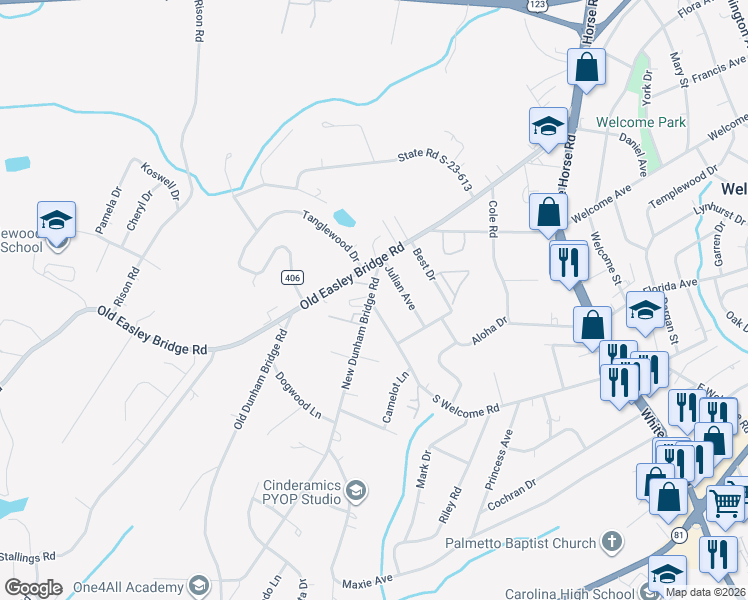 map of restaurants, bars, coffee shops, grocery stores, and more near 1010 South Welcome Road in Greenville