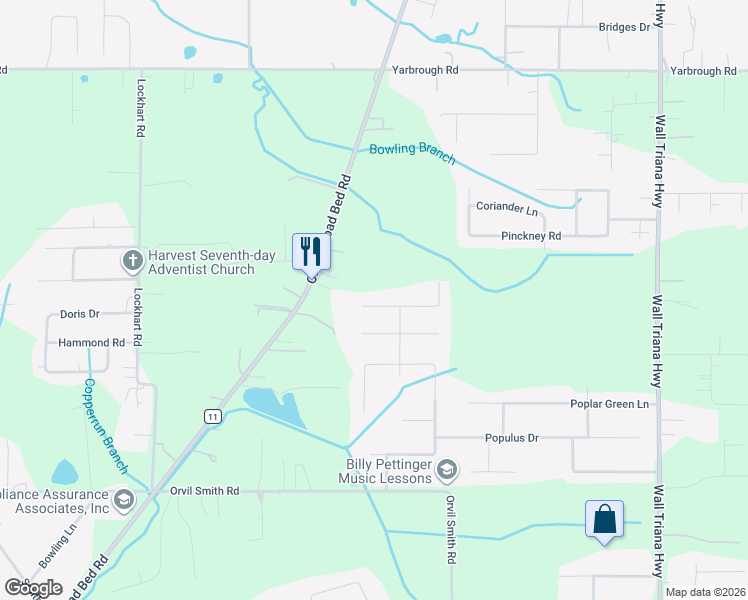 map of restaurants, bars, coffee shops, grocery stores, and more near 207 Waxmyrtle Drive in Harvest