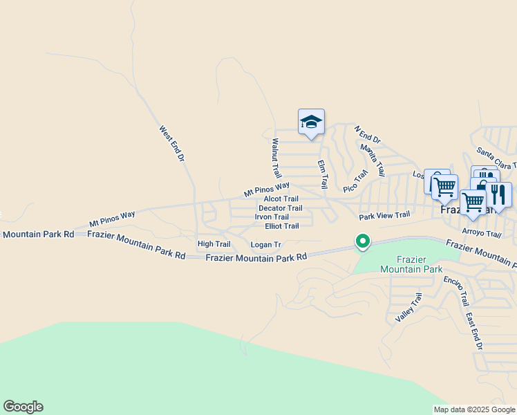 map of restaurants, bars, coffee shops, grocery stores, and more near 710 Mead Trail in Frazier Park