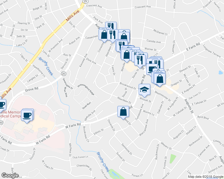 map of restaurants, bars, coffee shops, grocery stores, and more near 114 Melville Avenue in Greenville