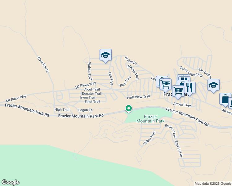 map of restaurants, bars, coffee shops, grocery stores, and more near Elm Trail in Frazier Park