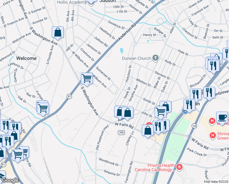map of restaurants, bars, coffee shops, grocery stores, and more near 211 East Wilburn Avenue in Greenville