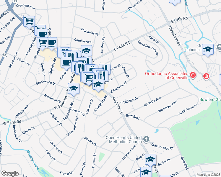 map of restaurants, bars, coffee shops, grocery stores, and more near 11 East Augusta Place in Greenville