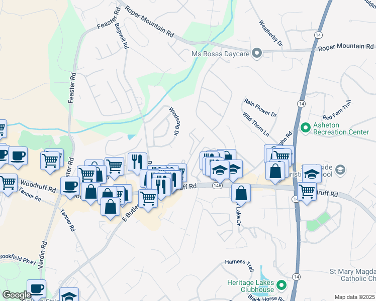 map of restaurants, bars, coffee shops, grocery stores, and more near 50 Rocky Creek Road in Greenville