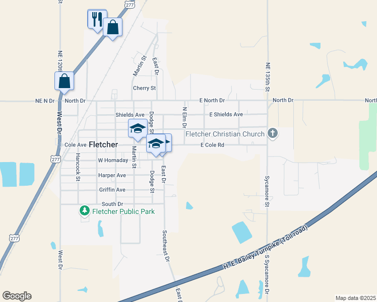 map of restaurants, bars, coffee shops, grocery stores, and more near 202 East Cole Road in Fletcher