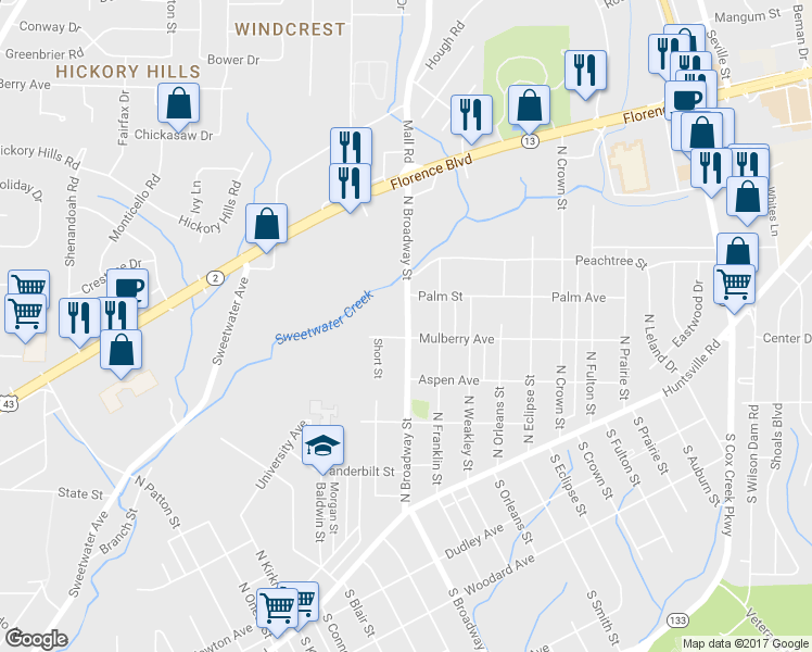 map of restaurants, bars, coffee shops, grocery stores, and more near 601 North Broadway Street in Florence