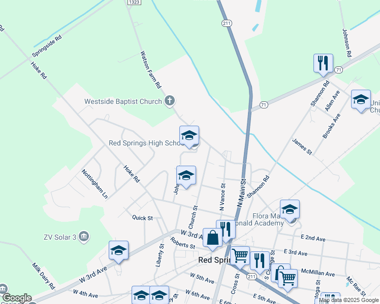 map of restaurants, bars, coffee shops, grocery stores, and more near 509 North Vance Street in Red Springs