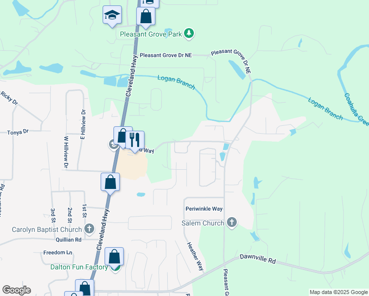 map of restaurants, bars, coffee shops, grocery stores, and more near 226 Cherry Bark Way in Dalton