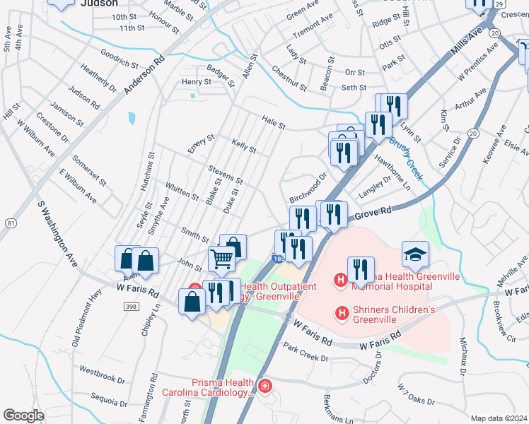 map of restaurants, bars, coffee shops, grocery stores, and more near 4 Stevens Street in Greenville