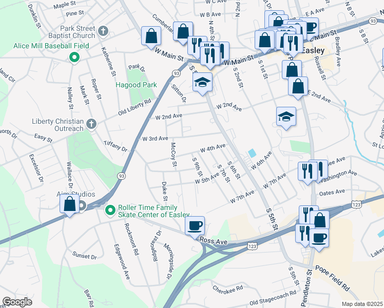 map of restaurants, bars, coffee shops, grocery stores, and more near 102 South 8th Street in Easley