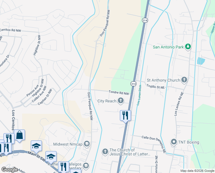 map of restaurants, bars, coffee shops, grocery stores, and more near 410 Tonore Road in Los Lunas