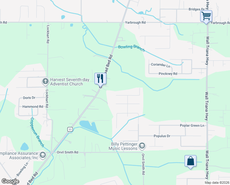 map of restaurants, bars, coffee shops, grocery stores, and more near 207 Waxmyrtle Drive in Harvest