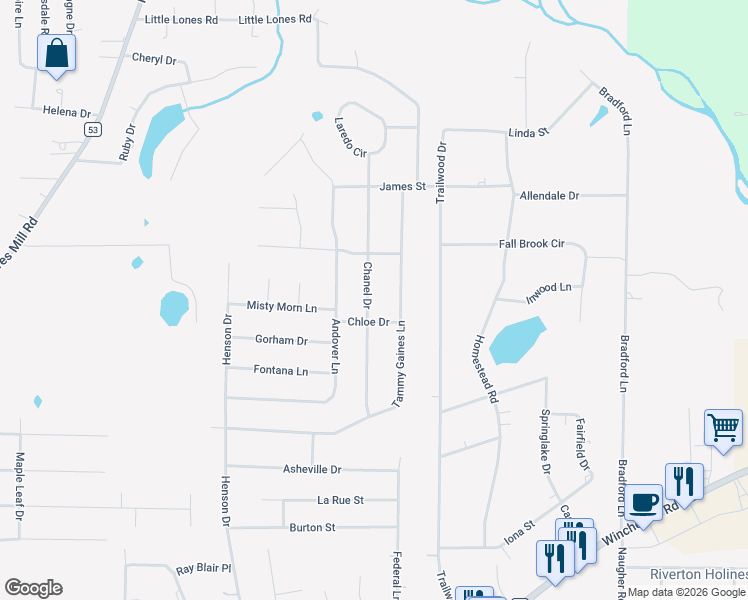 map of restaurants, bars, coffee shops, grocery stores, and more near 167 Chanel Drive in Huntsville