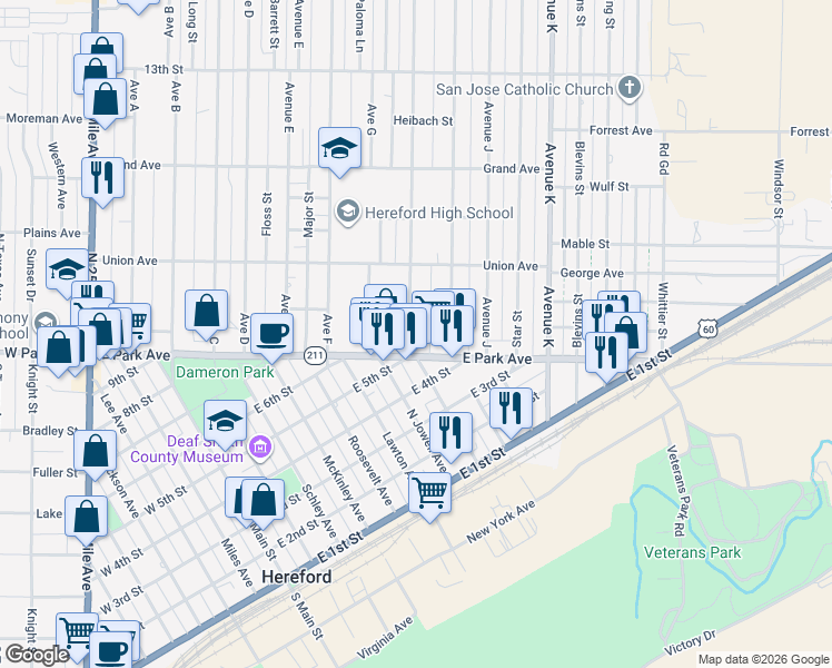 map of restaurants, bars, coffee shops, grocery stores, and more near 100-124 Ave H in Hereford