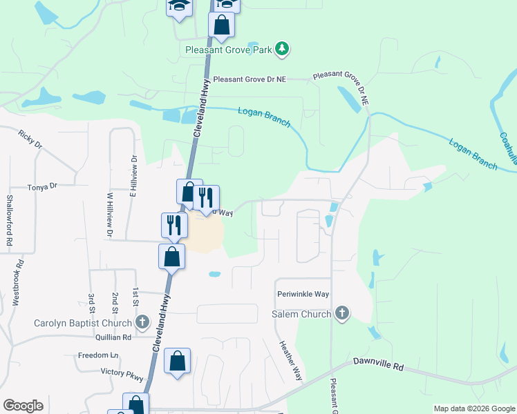 map of restaurants, bars, coffee shops, grocery stores, and more near 1021 Miller Grove Drive in Dalton