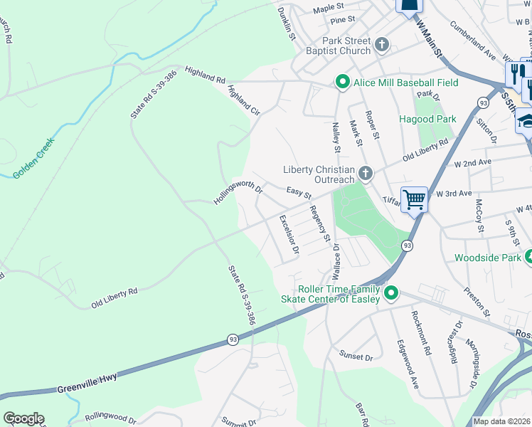 map of restaurants, bars, coffee shops, grocery stores, and more near 104 Bagwell Drive in Easley