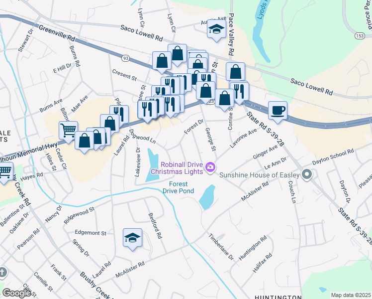 map of restaurants, bars, coffee shops, grocery stores, and more near 105 Robinall Drive in Easley