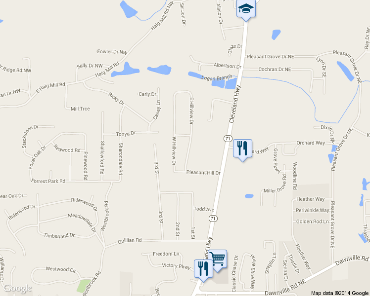 map of restaurants, bars, coffee shops, grocery stores, and more near 2507 East Hillview Drive in Dalton