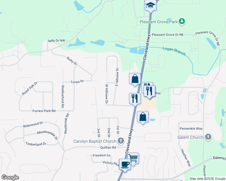 map of restaurants, bars, coffee shops, grocery stores, and more near 2507 East Hillview Drive in Dalton