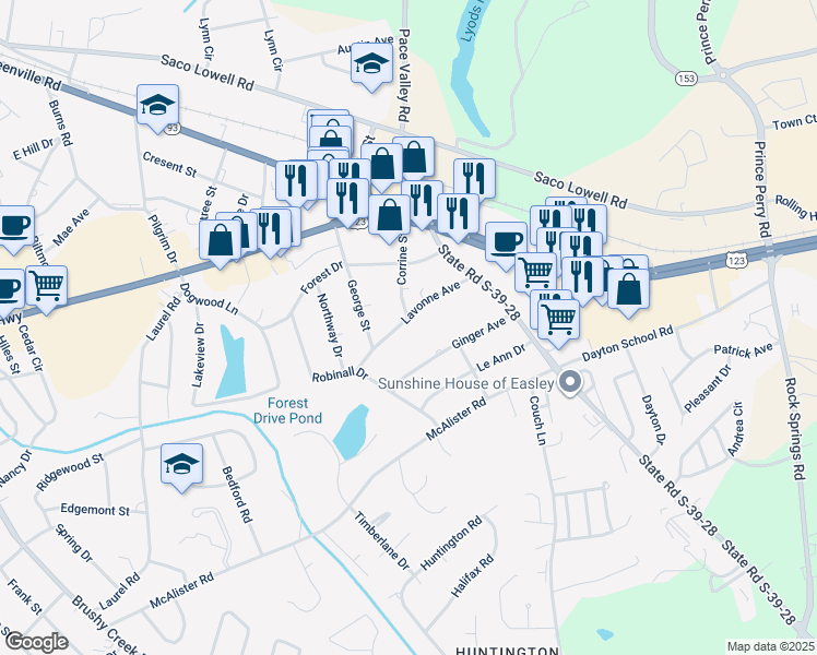 map of restaurants, bars, coffee shops, grocery stores, and more near 113 Ginger Lane in Easley