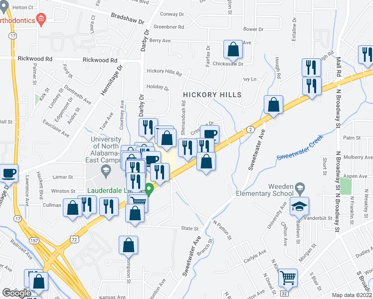 map of restaurants, bars, coffee shops, grocery stores, and more near 1634 Shenandoah Road in Florence